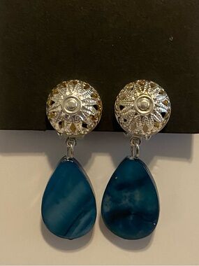 Silver Filigree Drop Earrings with Teardrop Blue Stones - Women Jewelry